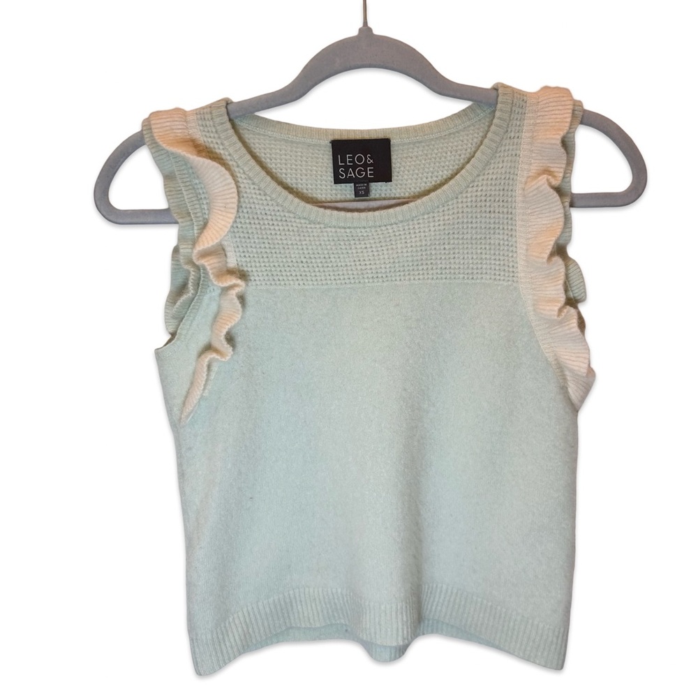 Leo‎ & Sage Cashmere Sweater Top Aqua Ruffle Shoulder Sleeveless Shirt, XS - Picture 4 of 6
